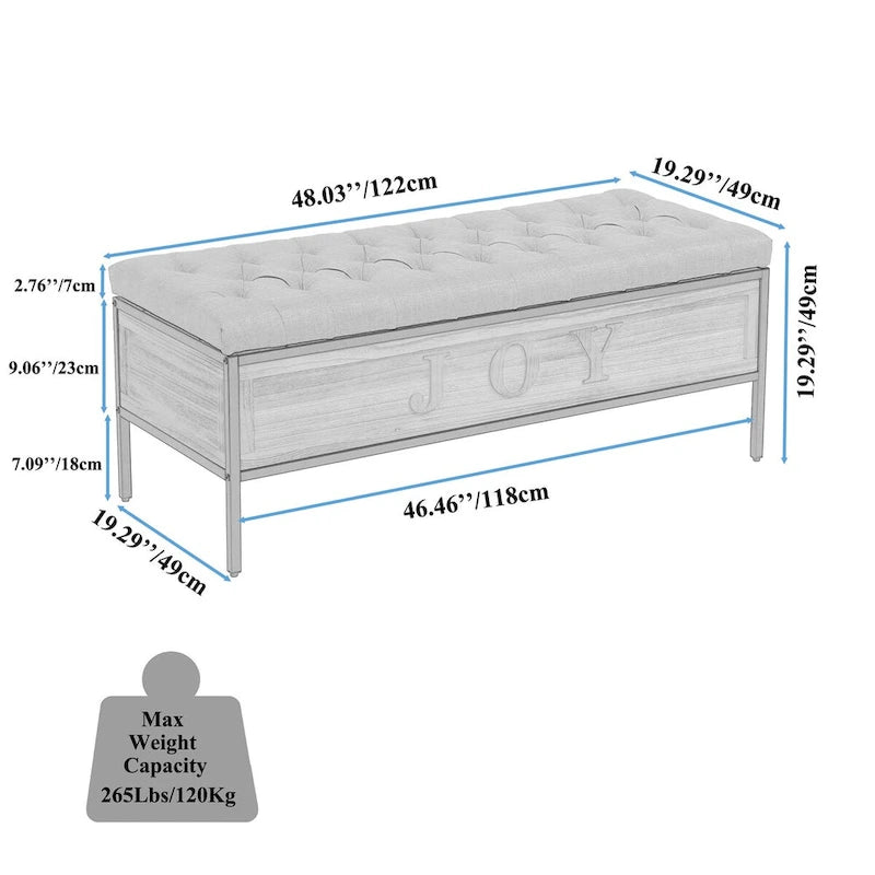 48  Linen Storage Bench: Button-Tufted, Wooden Ottoman for Bedroom, Living Room
