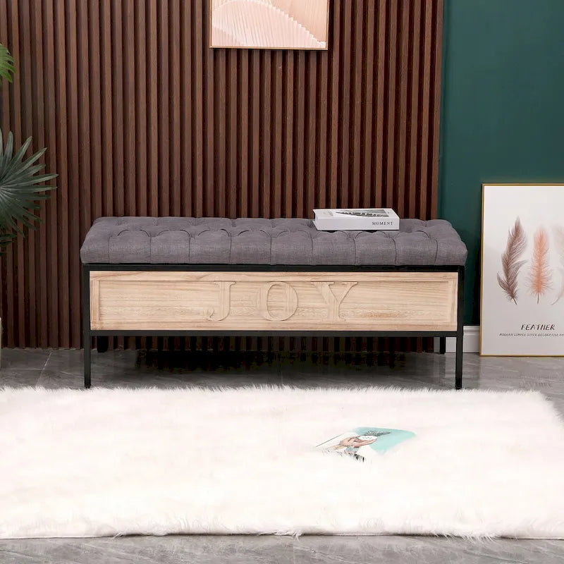 48  Linen Storage Bench: Button-Tufted, Wooden Ottoman for Bedroom, Living Room