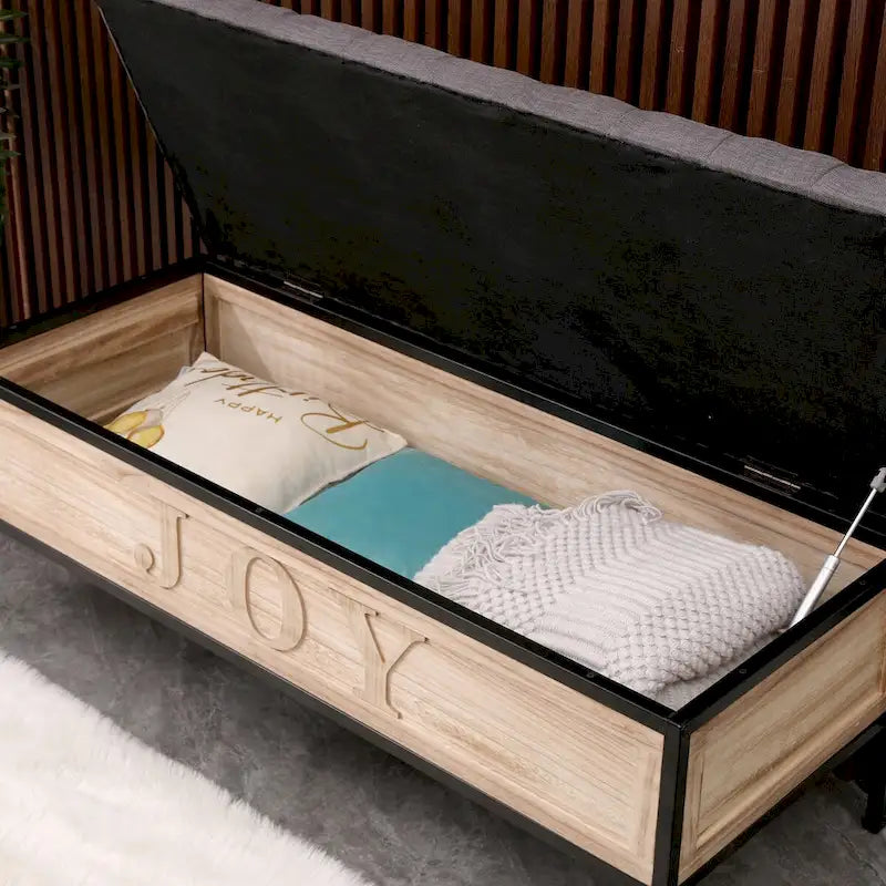 48  Linen Storage Bench: Button-Tufted, Wooden Ottoman for Bedroom, Living Room