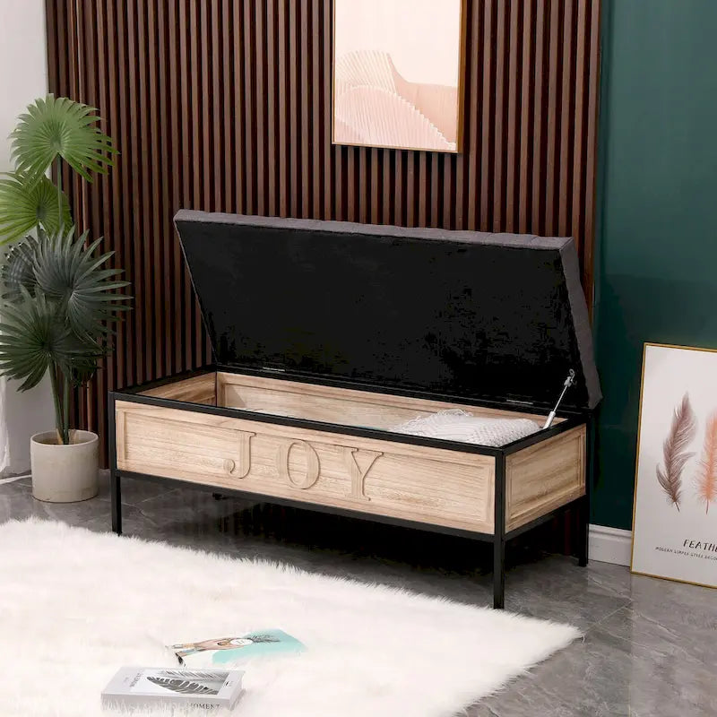 48  Linen Storage Bench: Button-Tufted, Wooden Ottoman for Bedroom, Living Room