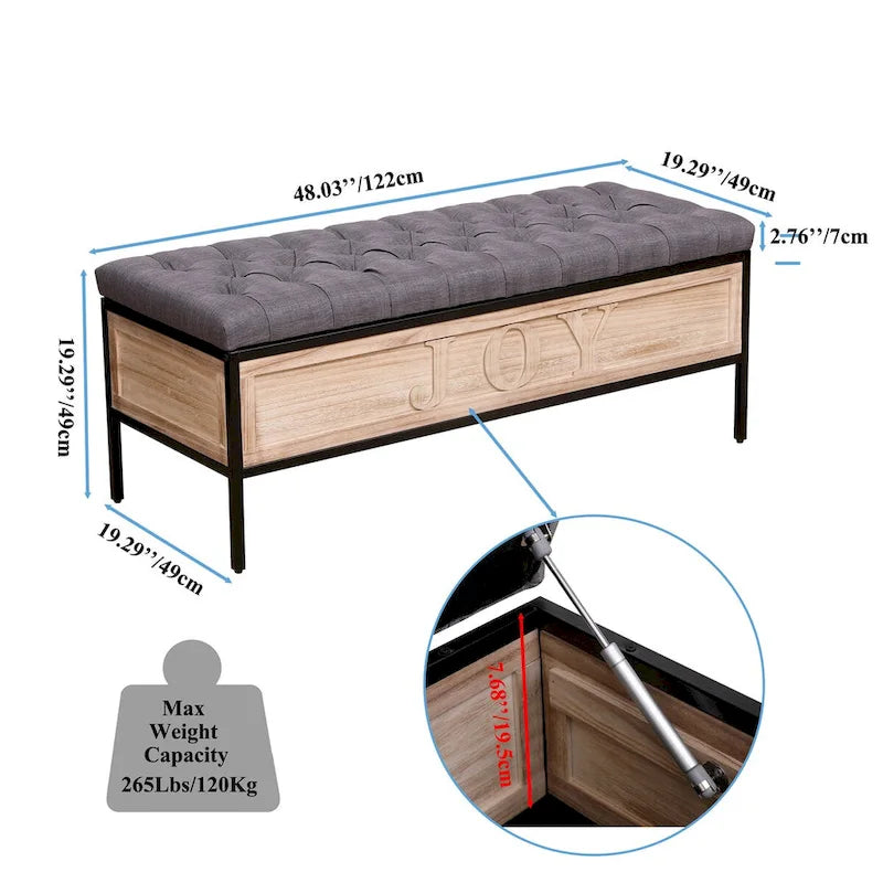 48  Linen Storage Bench: Button-Tufted, Wooden Ottoman for Bedroom, Living Room