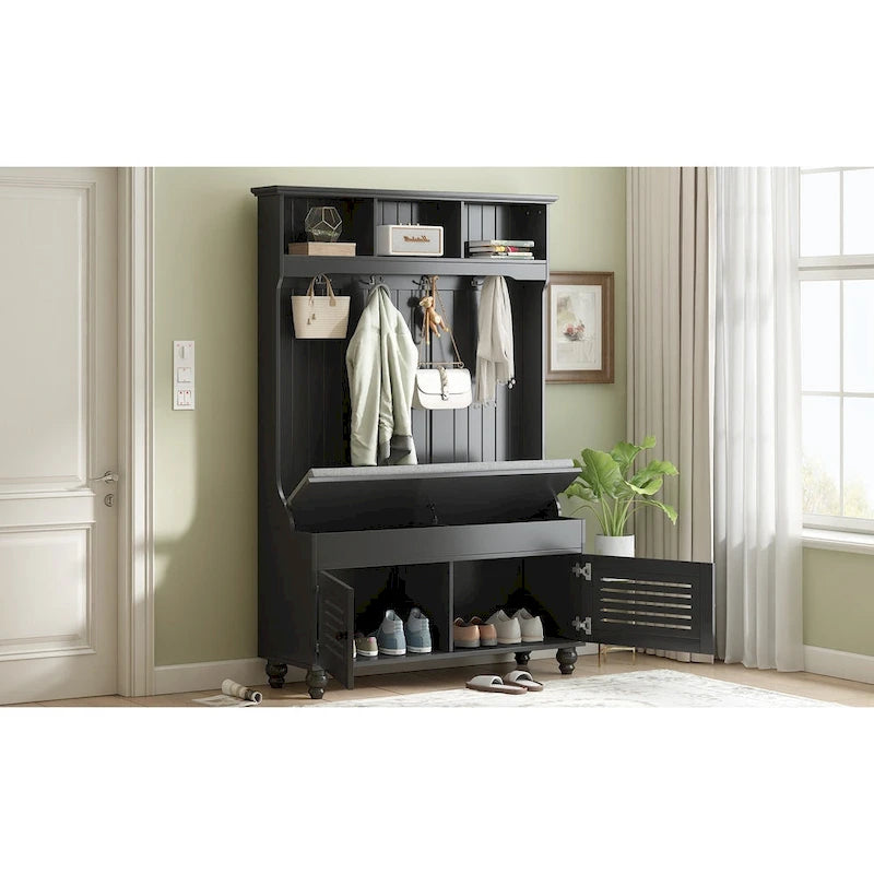 5-in-1 Entryway Bench with Shutter-shaped doors, Coat Rack, Cushion and 4 Sturdy Hooks, 47.2  Wide Hall Tree with Storage Bench