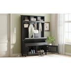 5-in-1 Entryway Bench with Shutter-shaped doors, Coat Rack, Cushion and 4 Sturdy Hooks, 47.2  Wide Hall Tree with Storage Bench