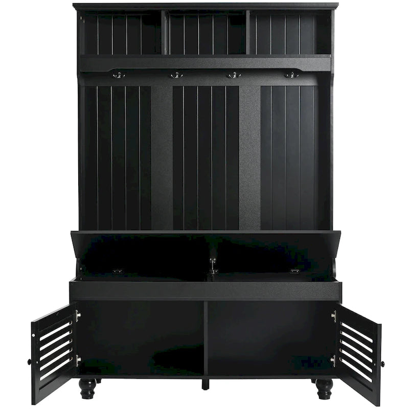 5-in-1 Entryway Bench with Shutter-shaped doors, Coat Rack, Cushion and 4 Sturdy Hooks, 47.2  Wide Hall Tree with Storage Bench