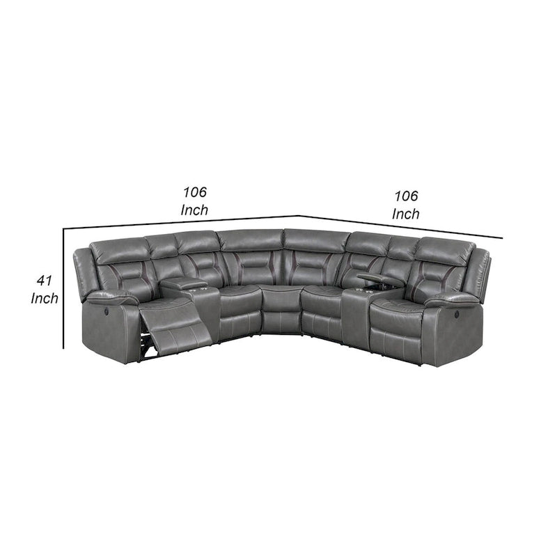 Lof Power Reclining Sectional Sofa Set, USB Port, Gray Gel Faux Leather