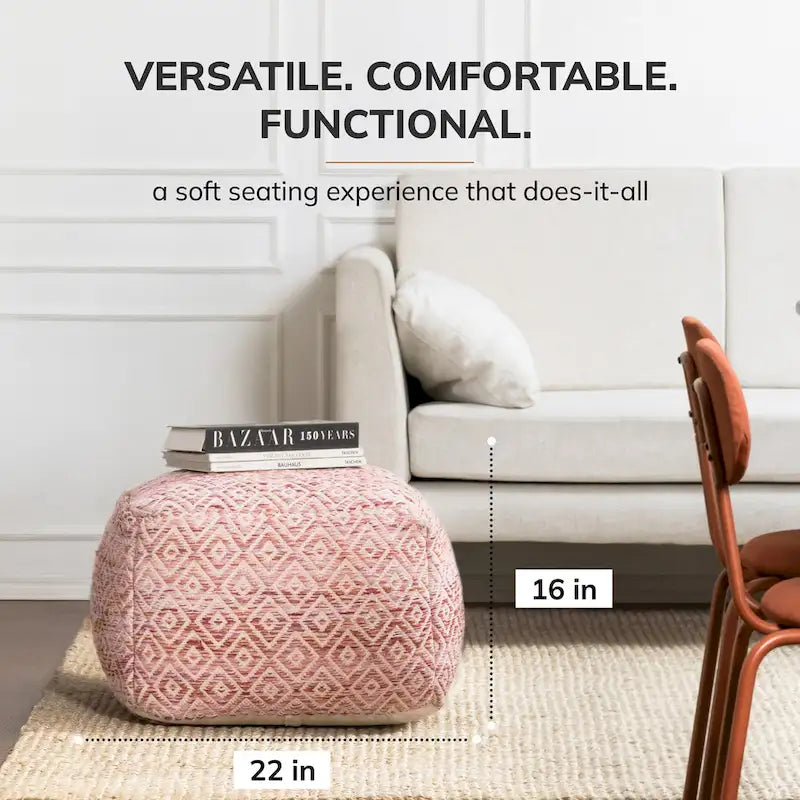 Jani Rhombus 22-inch Brown Square Pouf Ottoman - Handmade Footrest for Living Room, Bedroom, Nursery, Kidsroom