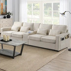 Modern Linen Fabric Upholstered Sofa with Console, 4Pillows,Cupholders,USB