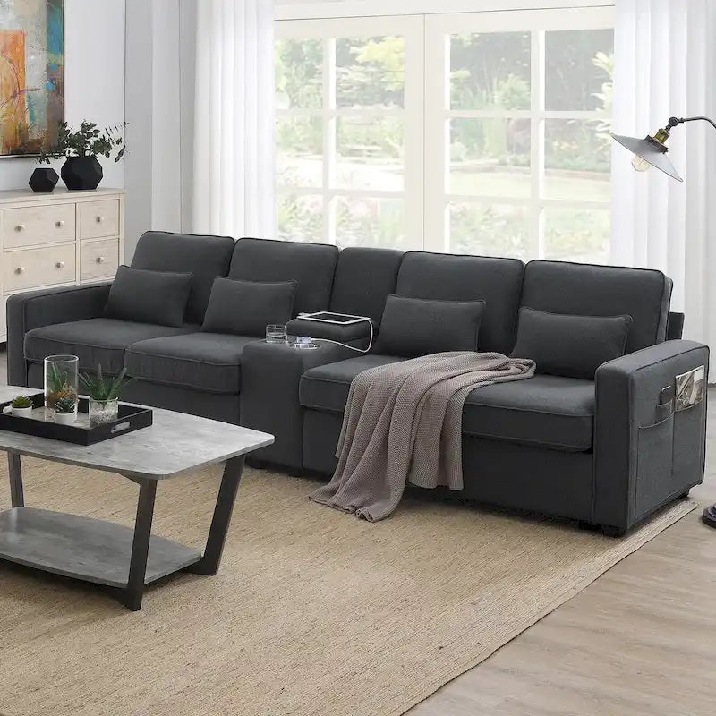 Modern Linen Fabric Upholstered Sofa with Console, 4Pillows,Cupholders,USB