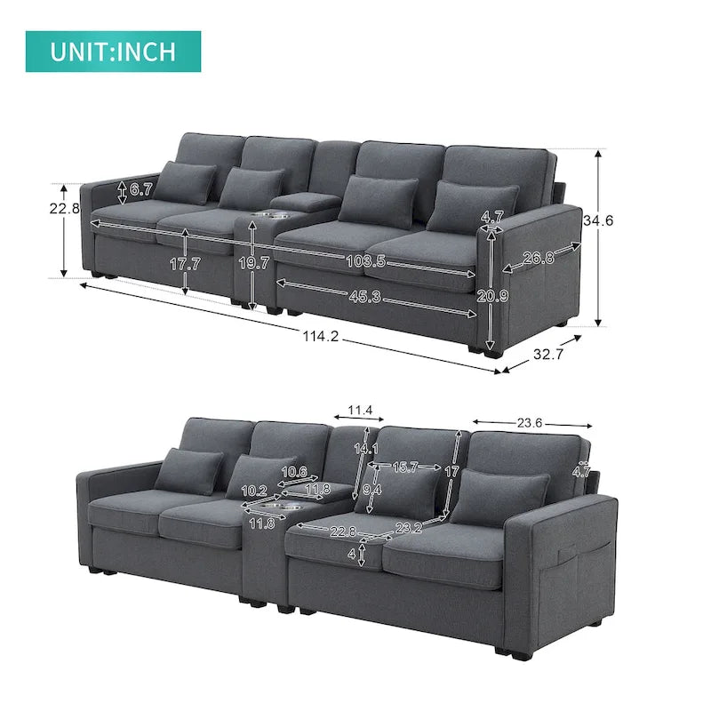 Modern Linen Fabric Upholstered Sofa with Console, 4Pillows,Cupholders,USB