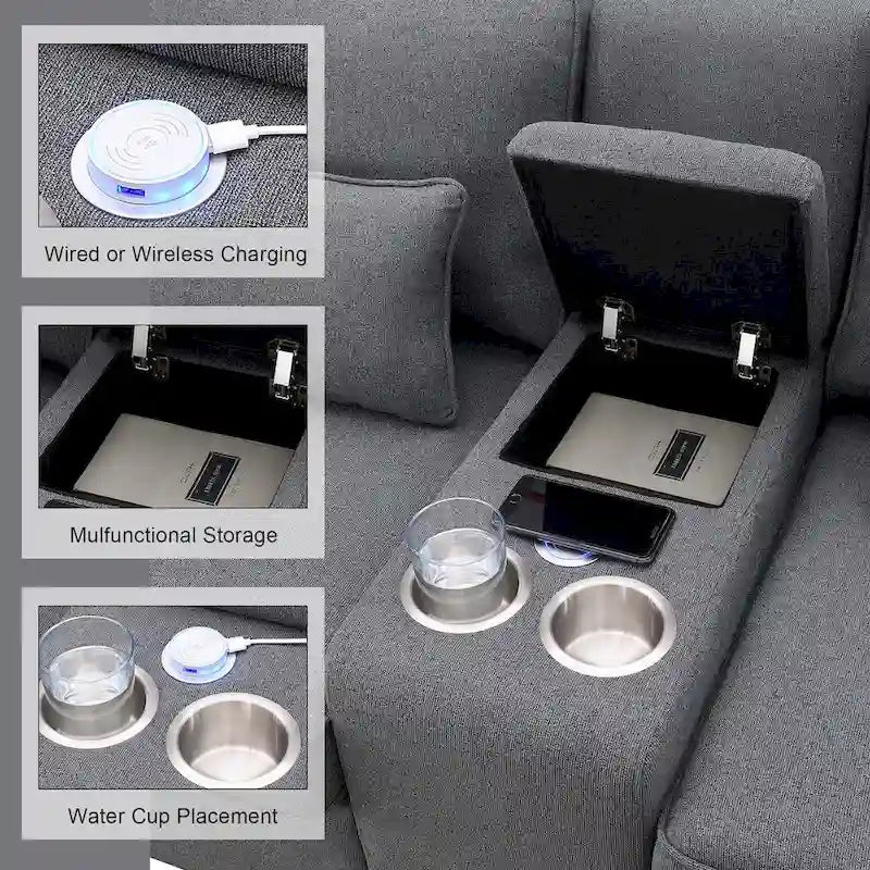 Modern Linen Fabric Upholstered Sofa with Console, 4Pillows,Cupholders,USB