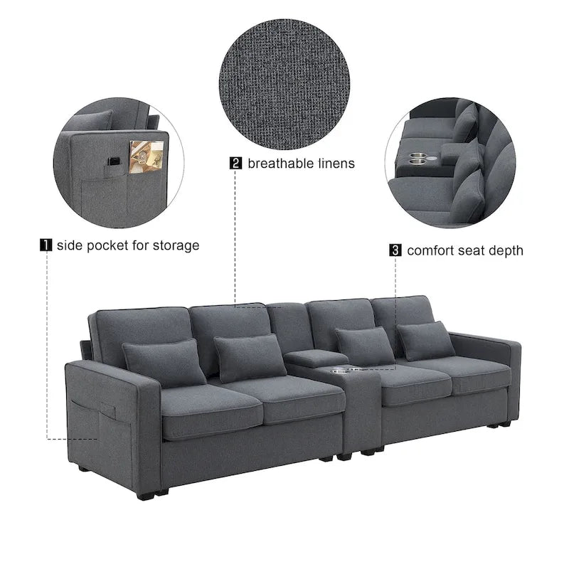 Modern Linen Fabric Upholstered Sofa with Console, 4Pillows,Cupholders,USB