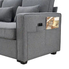 Modern Linen Fabric Upholstered Sofa with Console, 4Pillows,Cupholders,USB