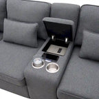 Modern Linen Fabric Upholstered Sofa with Console, 4Pillows,Cupholders,USB