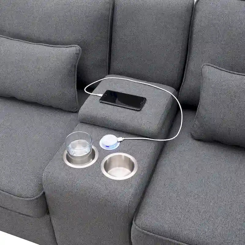 Modern Linen Fabric Upholstered Sofa with Console, 4Pillows,Cupholders,USB