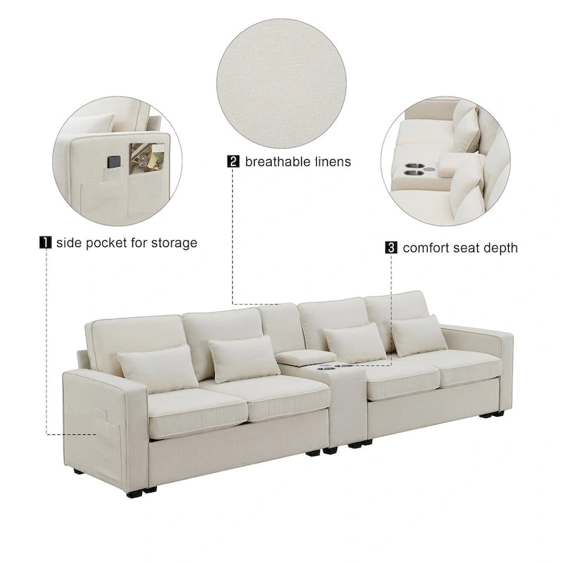 Modern Linen Fabric Upholstered Sofa with Console, 4Pillows,Cupholders,USB