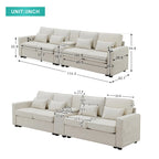 Modern Linen Fabric Upholstered Sofa with Console, 4Pillows,Cupholders,USB