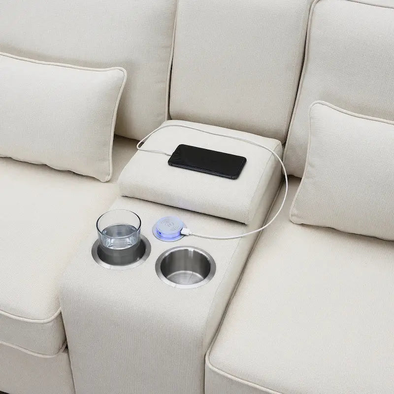 Modern Linen Fabric Upholstered Sofa with Console, 4Pillows,Cupholders,USB