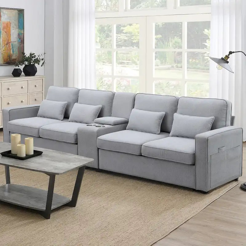Modern Linen Fabric Upholstered Sofa with Console, 4Pillows,Cupholders,USB