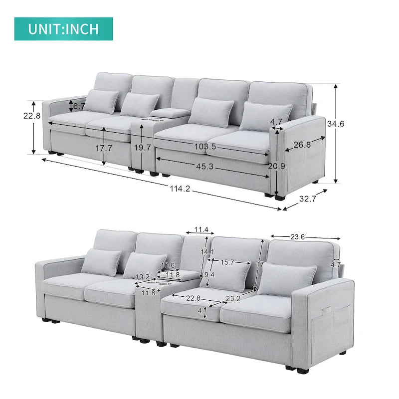 Modern Linen Fabric Upholstered Sofa with Console, 4Pillows,Cupholders,USB