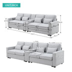 Modern Linen Fabric Upholstered Sofa with Console, 4Pillows,Cupholders,USB