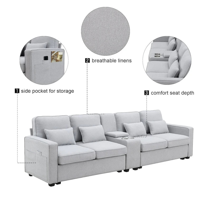 Modern Linen Fabric Upholstered Sofa with Console, 4Pillows,Cupholders,USB