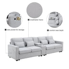 Modern Linen Fabric Upholstered Sofa with Console, 4Pillows,Cupholders,USB