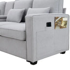 Modern Linen Fabric Upholstered Sofa with Console, 4Pillows,Cupholders,USB