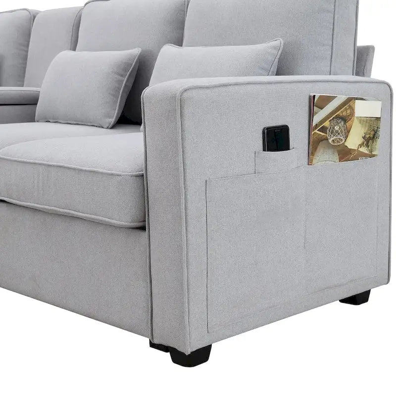 Modern Linen Fabric Upholstered Sofa with Console, 4Pillows,Cupholders,USB