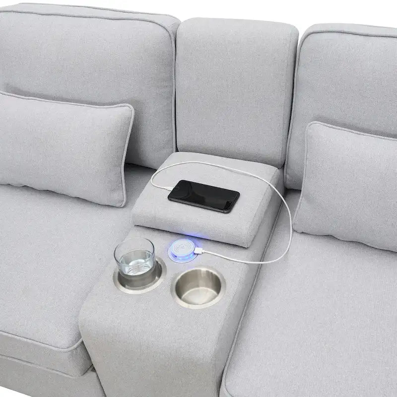 Modern Linen Fabric Upholstered Sofa with Console, 4Pillows,Cupholders,USB