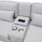Modern Linen Fabric Upholstered Sofa with Console, 4Pillows,Cupholders,USB