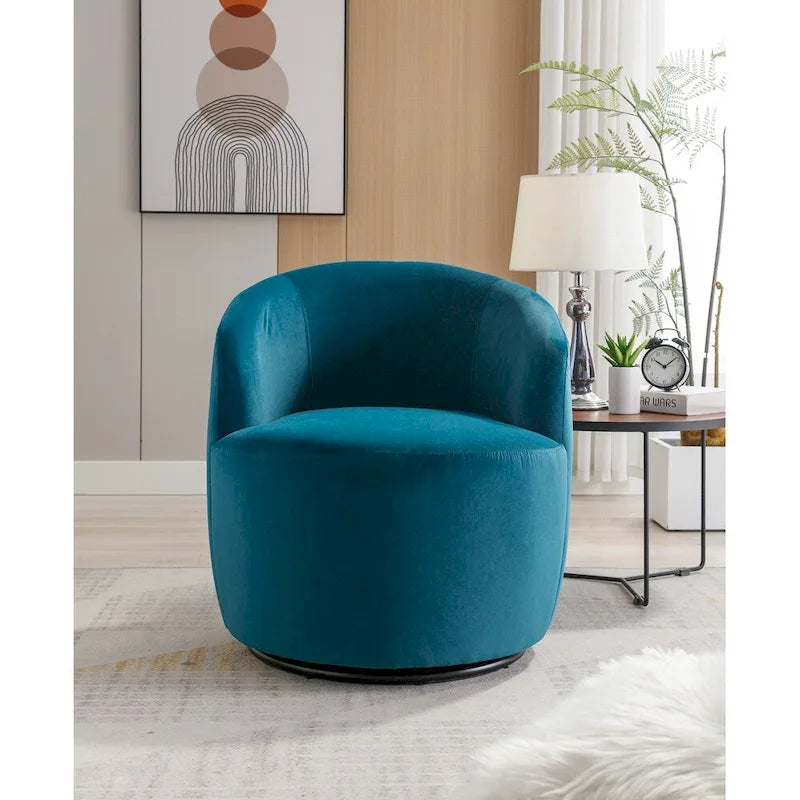 Velvet Fabric Swivel Barrel Chair with Black Powder Coating Metal Ring