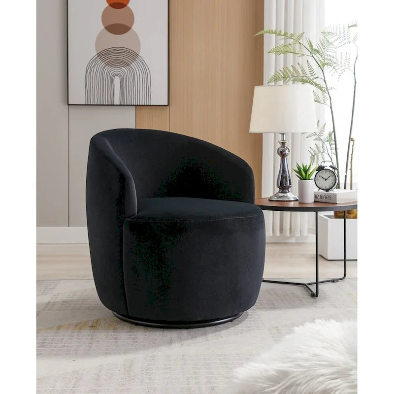 Velvet Fabric Swivel Barrel Chair with Black Powder Coating Metal Ring