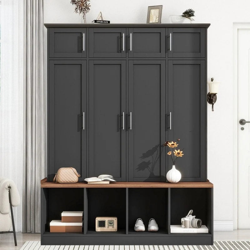 Hall Tree Hallway Storage Bench with Shoe Cubbies and Coat Rack with Hooks