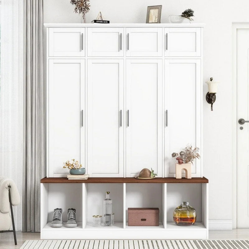 Hall Tree Hallway Storage Bench with Shoe Cubbies and Coat Rack with Hooks