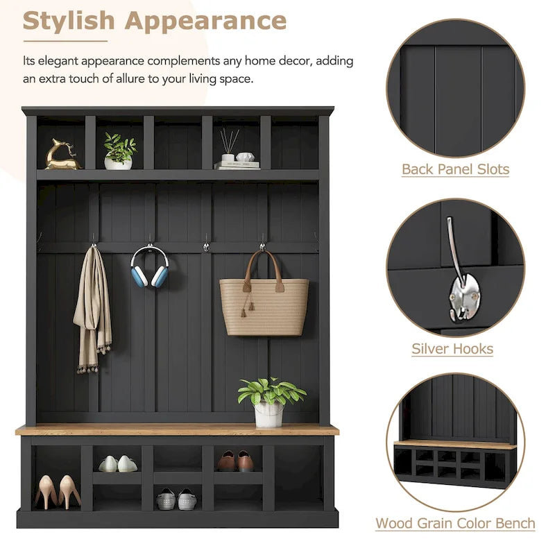 Hall Tree Hallway Storage Bench with Shoe Cubbies and Coat Rack with Hooks