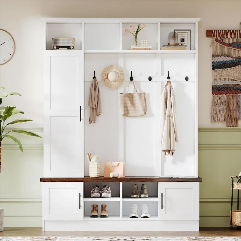 Hall Tree Hallway Storage Bench with Shoe Cubbies and Coat Rack with Hooks