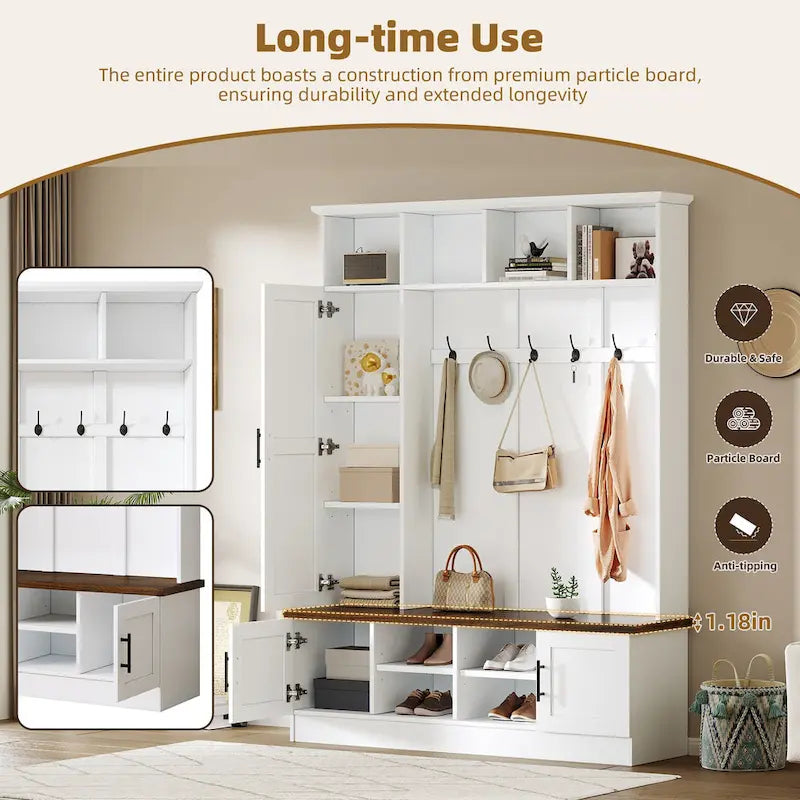 Hall Tree Hallway Storage Bench with Shoe Cubbies and Coat Rack with Hooks