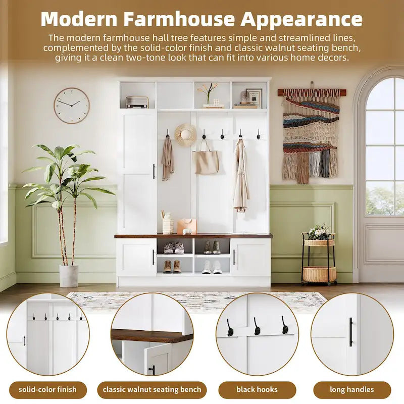 Hall Tree Hallway Storage Bench with Shoe Cubbies and Coat Rack with Hooks