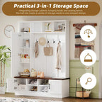 Hall Tree Hallway Storage Bench with Shoe Cubbies and Coat Rack with Hooks