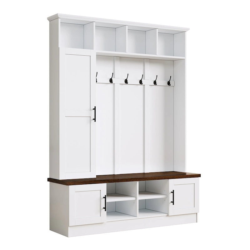 Hall Tree Hallway Storage Bench with Shoe Cubbies and Coat Rack with Hooks