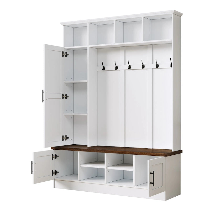 Hall Tree Hallway Storage Bench with Shoe Cubbies and Coat Rack with Hooks