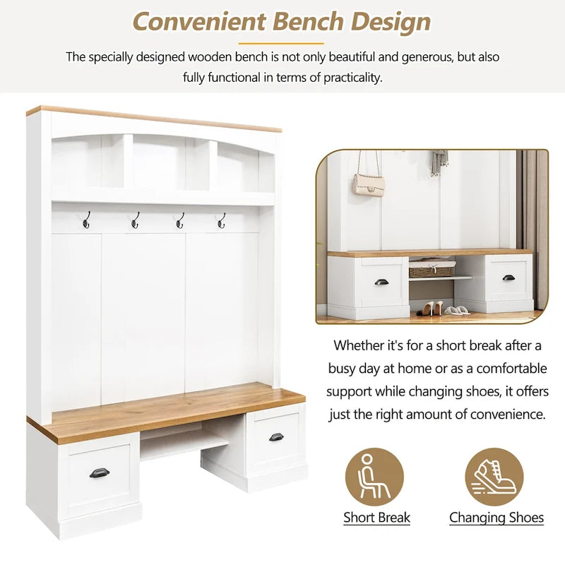 Hall Tree Hallway Storage Bench with Shoe Cubbies and Coat Rack with Hooks