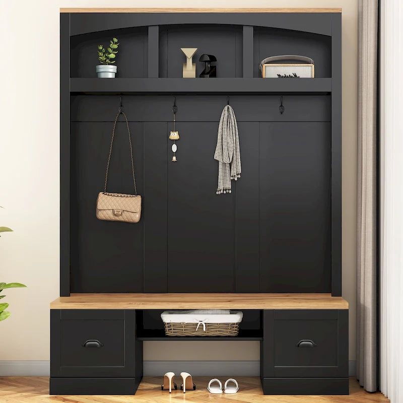 Hall Tree Hallway Storage Bench with Shoe Cubbies and Coat Rack with Hooks