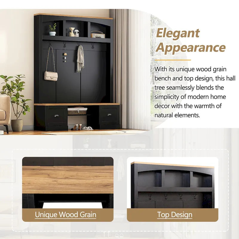 Hall Tree Hallway Storage Bench with Shoe Cubbies and Coat Rack with Hooks