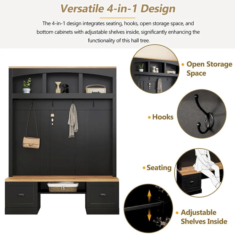 Hall Tree Hallway Storage Bench with Shoe Cubbies and Coat Rack with Hooks