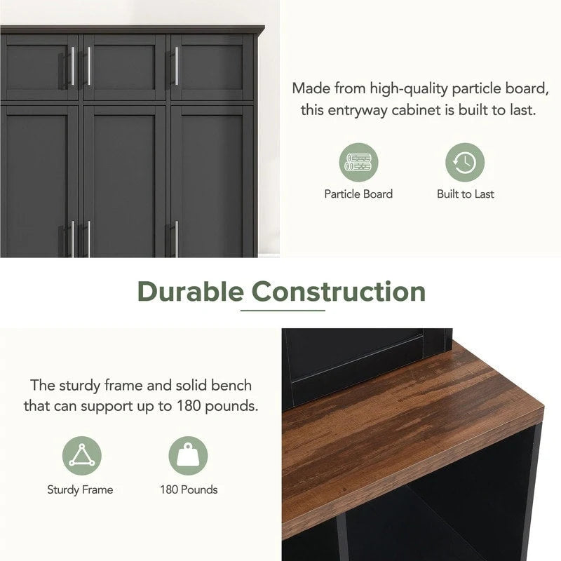 Hall Tree Hallway Storage Bench with Shoe Cubbies and Coat Rack with Hooks