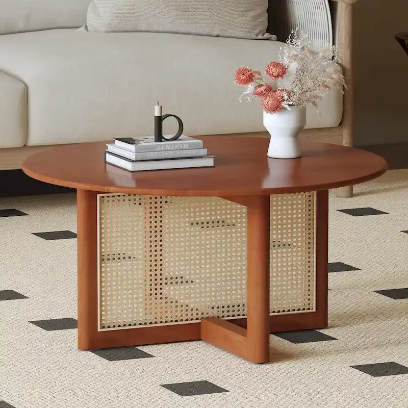 wooden coffee table with faux rattan accents