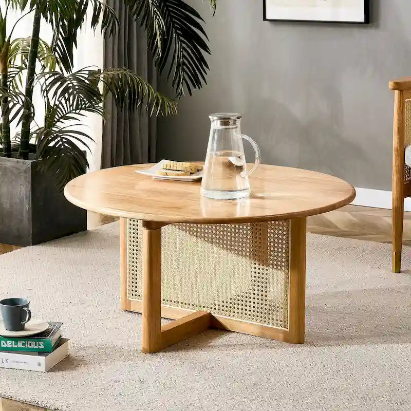 wooden coffee table with faux rattan accents
