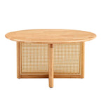 wooden coffee table with faux rattan accents