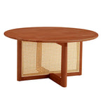 wooden coffee table with faux rattan accents
